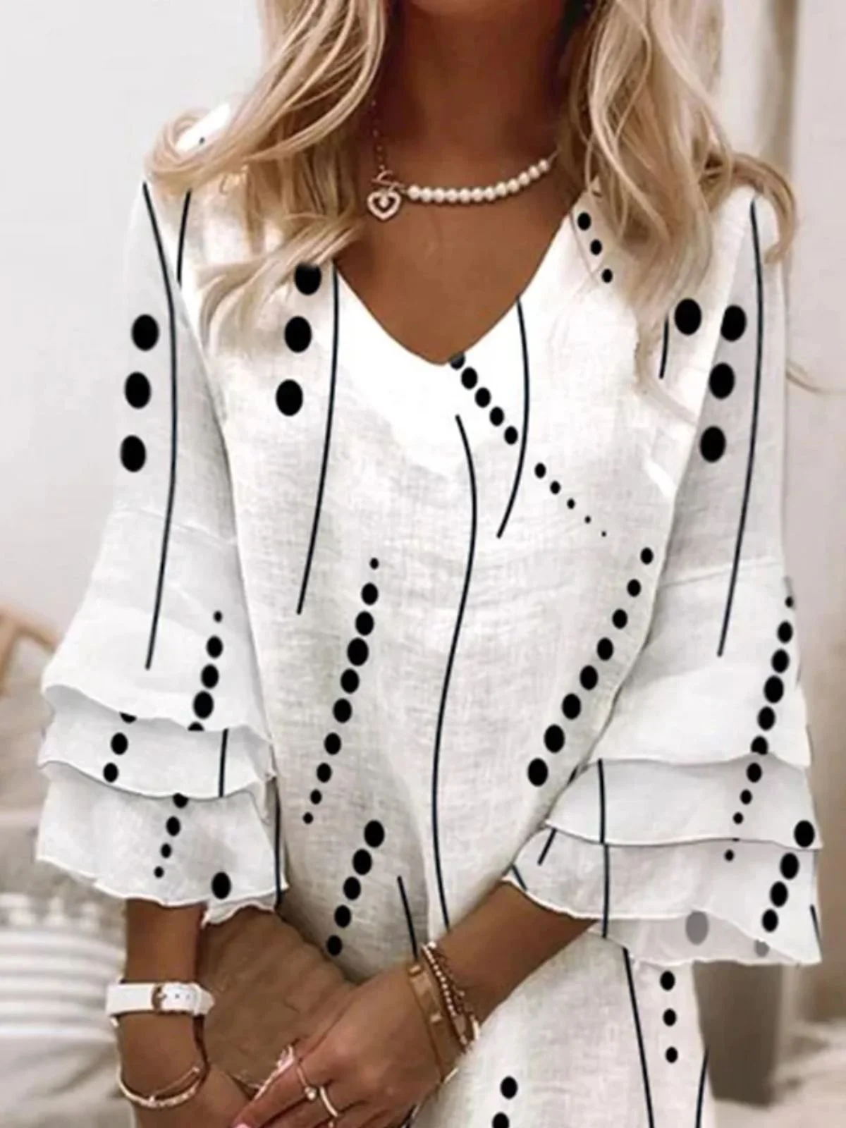 Women Geometric Summer Dress V Neck Half Sleeve Beach Dress H-Line Dress