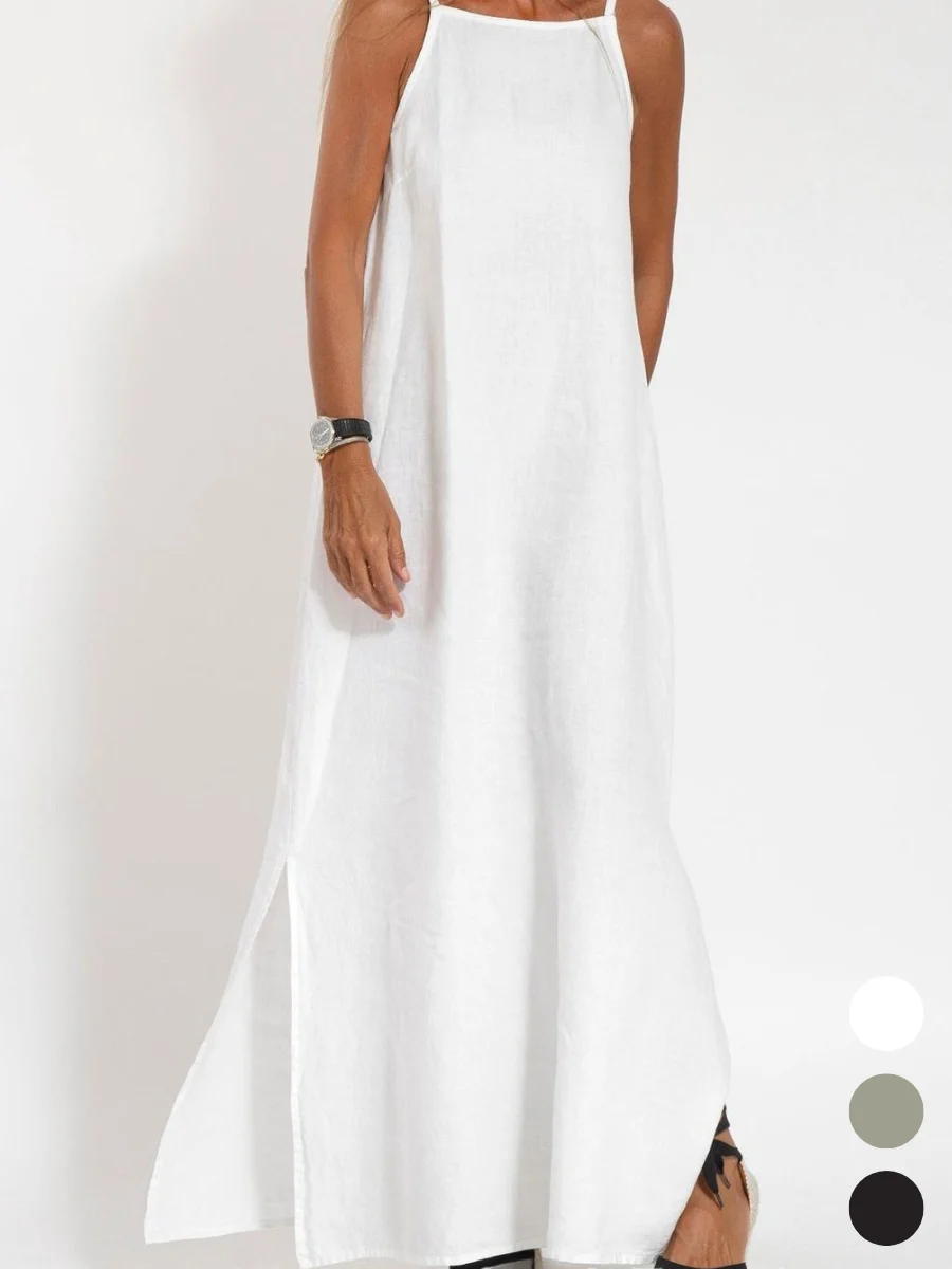 Women Plain Summer Split Joint Dress Crew Neck Sleeveless Tank A-Line Dress