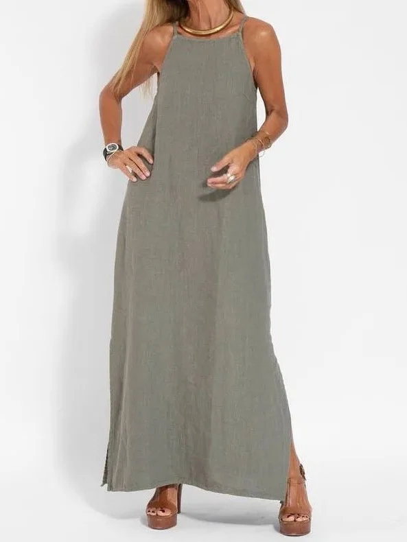 Women Plain Summer Split Joint Dress Crew Neck Sleeveless Tank A-Line Dress