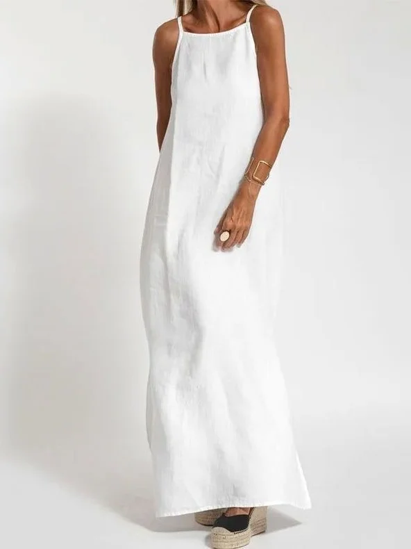 Women Plain Summer Split Joint Dress Crew Neck Sleeveless Tank A-Line Dress