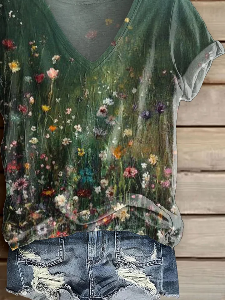 Casual Floral V Neck Short Sleeve T-shirt
