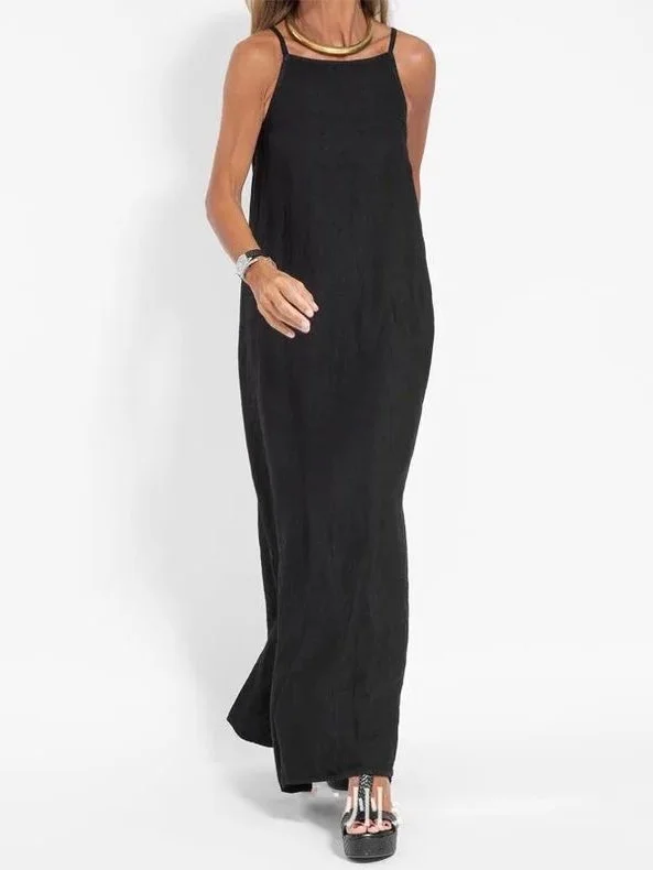 Women Plain Summer Split Joint Dress Crew Neck Sleeveless Tank A-Line Dress