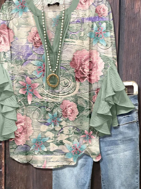 V Neck Half Sleeve Floral Printing Regular Loose Shirt For Women