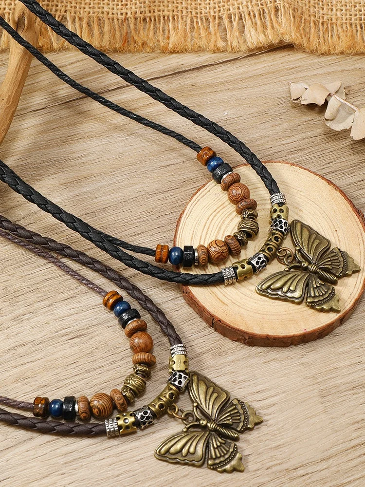 Artistic Retro Butterfly Alloy Multi-layer Wooden Beads Knotted Pullable Hand-woven Necklace
