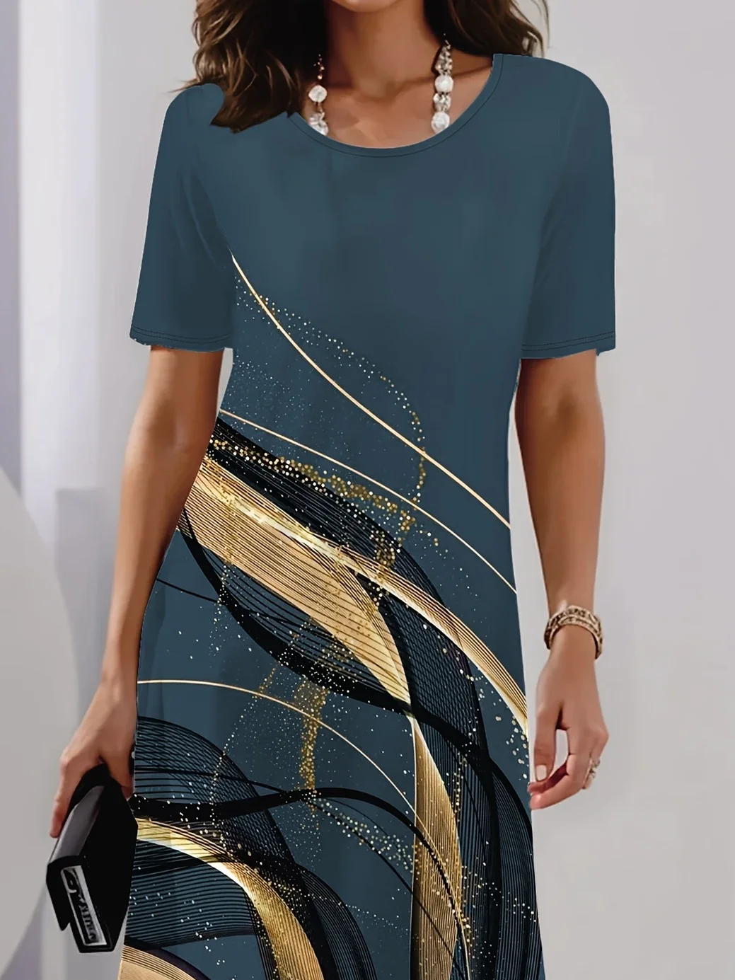 Women Abstract Summer Printing Dress Crew Neck Short Sleeve Tunic H-Line Dress