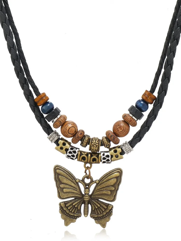 Artistic Retro Butterfly Alloy Multi-layer Wooden Beads Knotted Pullable Hand-woven Necklace