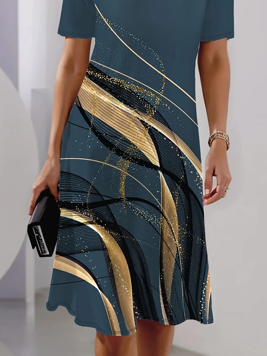 Women Abstract Summer Printing Dress Crew Neck Short Sleeve Tunic H-Line Dress