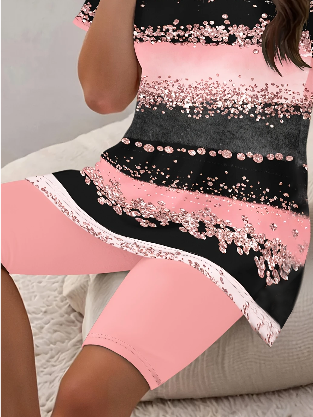 Women Abstract Printing Two-Piece Set Daily Short Sleeve Casual Summer Top With Pants Matching Set