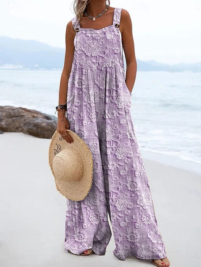 Women Floral Spaghetti Sleeveless Casual Summer Cotton Jumpsuit