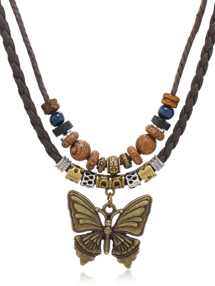Artistic Retro Butterfly Alloy Multi-layer Wooden Beads Knotted Pullable Hand-woven Necklace