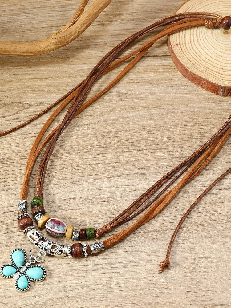 Artistic Retro Butterfly Alloy Multi-layer Wooden Beads Knotted Pullable Hand-woven Necklace