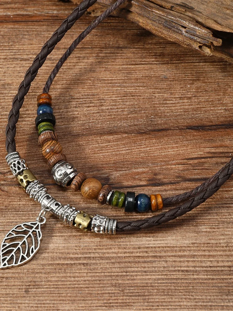 Artistic Retro Butterfly Alloy Multi-layer Wooden Beads Knotted Pullable Hand-woven Necklace