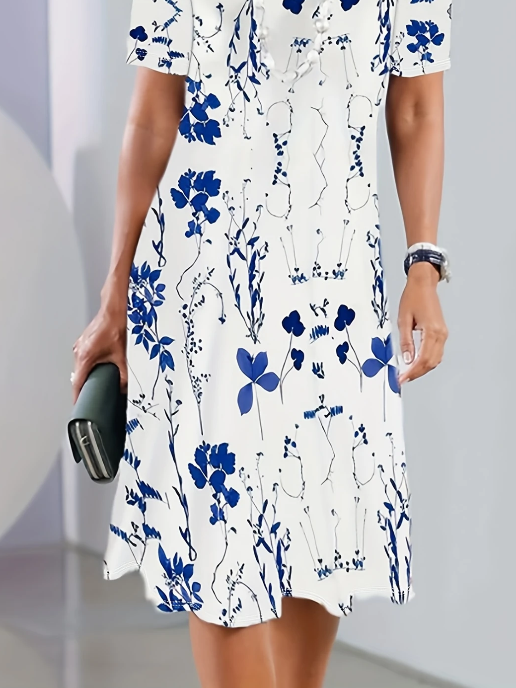 Women Floral Summer Printing Dress Crew Neck Short Sleeve Tunic H-Line Dress