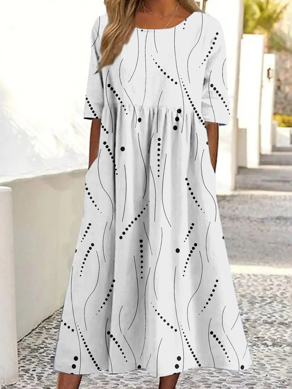 Women Abstract Polka Dots Summer Dress Crew Neck Half Sleeve A-Line Dress