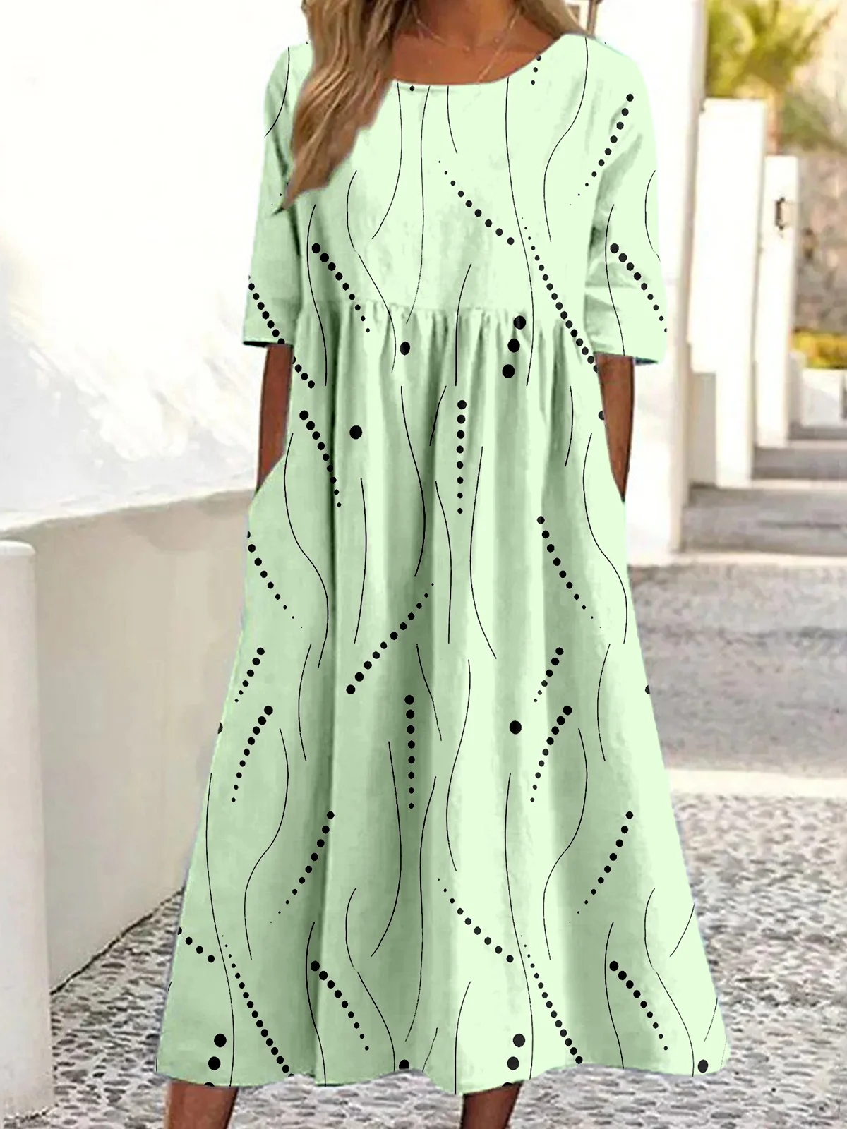 Women Abstract Polka Dots Summer Dress Crew Neck Half Sleeve A-Line Dress