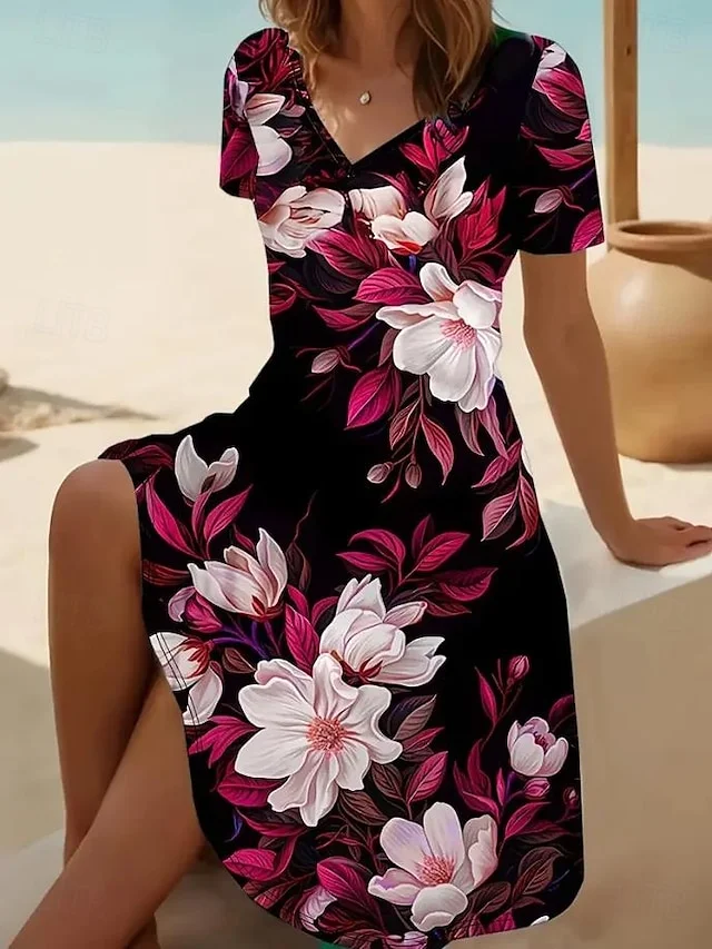 Women Floral Summer Printing Dress V Neck Short Sleeve Fit & Flare Dress A-Line Dress