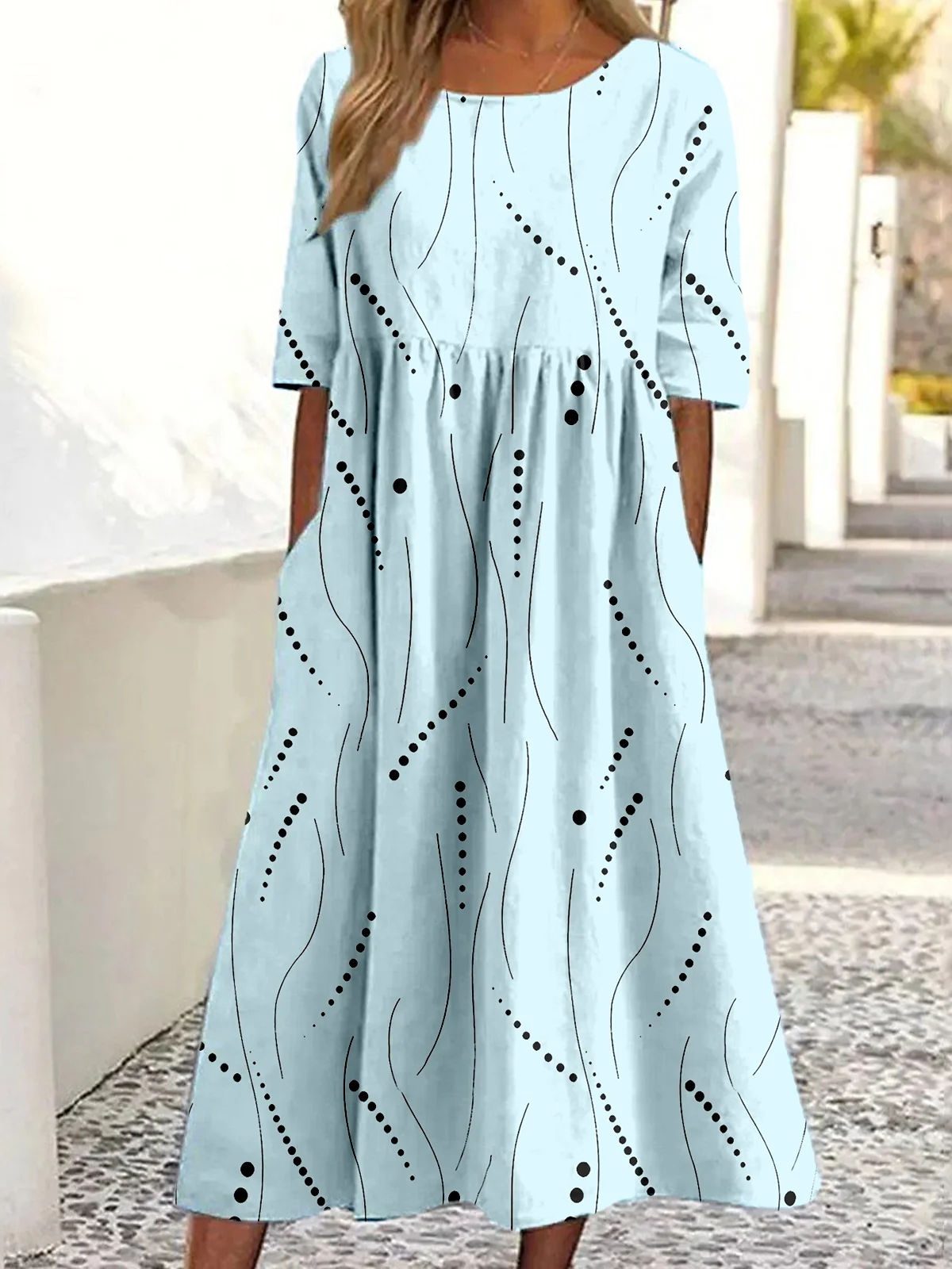 Women Abstract Polka Dots Summer Dress Crew Neck Half Sleeve A-Line Dress