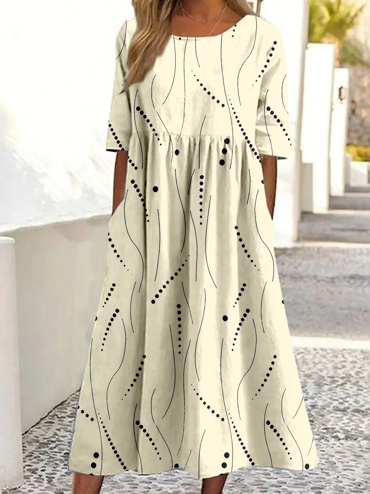 Women Abstract Polka Dots Summer Dress Crew Neck Half Sleeve A-Line Dress