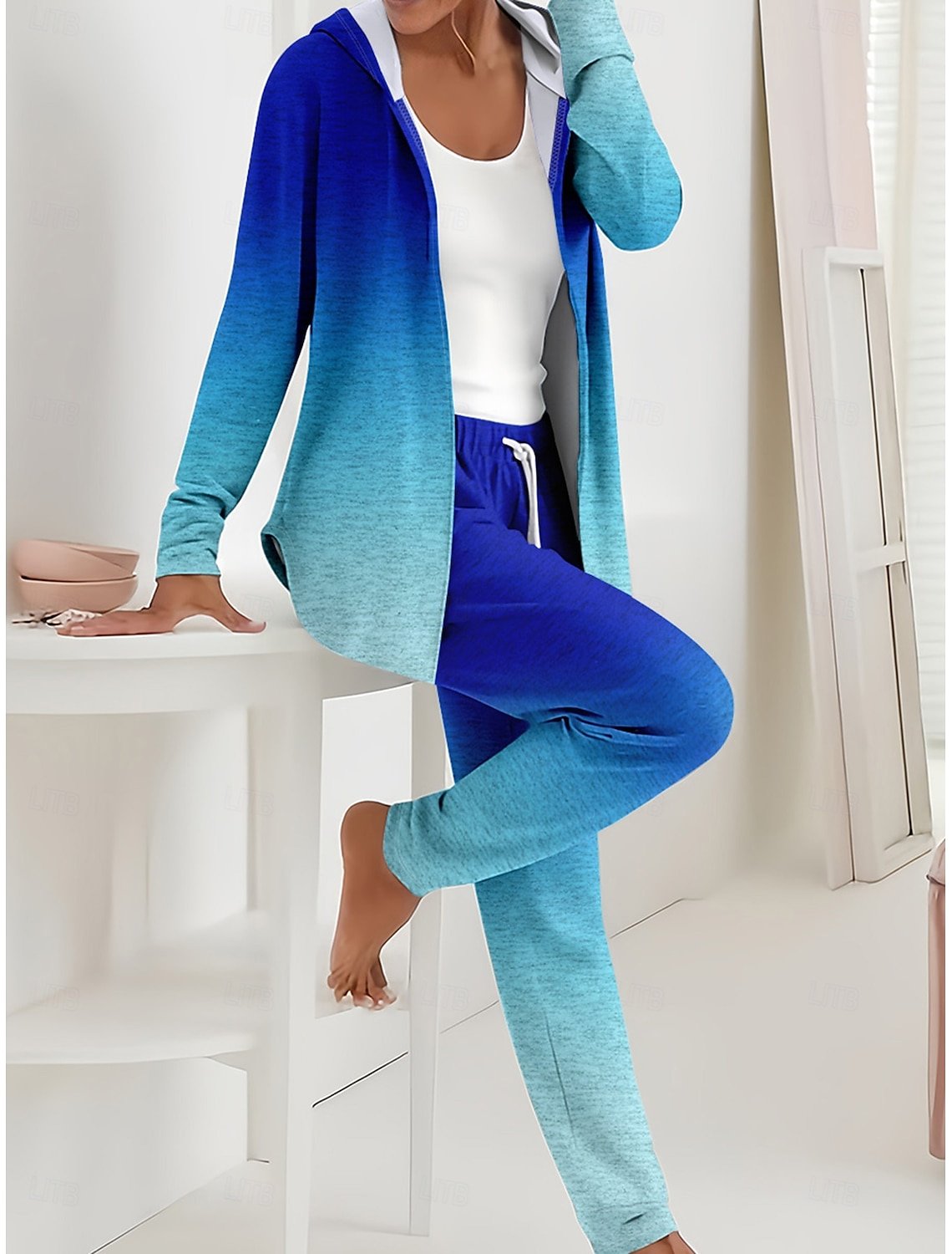 Women Ombre Two-Piece Set Daily Long Sleeve Casual Spring/Fall Coat With Pants Matching Set