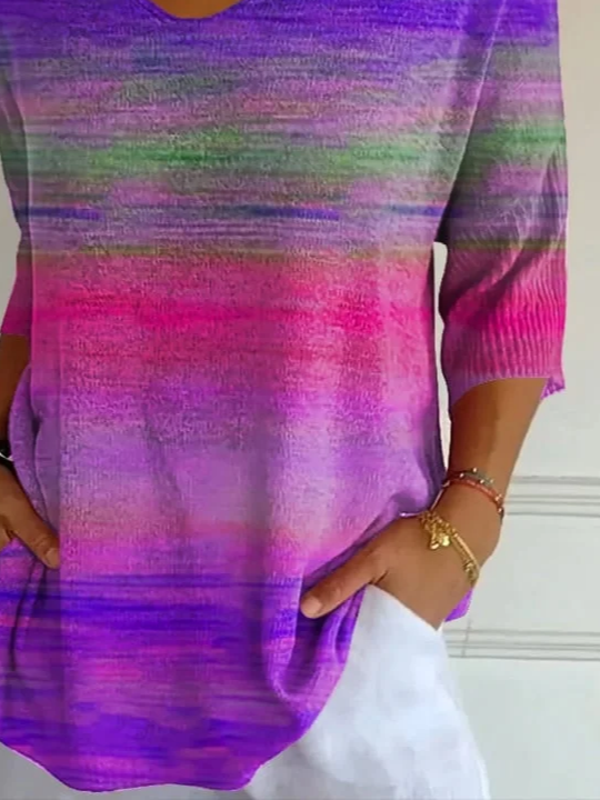 Casual Abstract Stripes V Neck Three Quarter Sleeve T-shirt