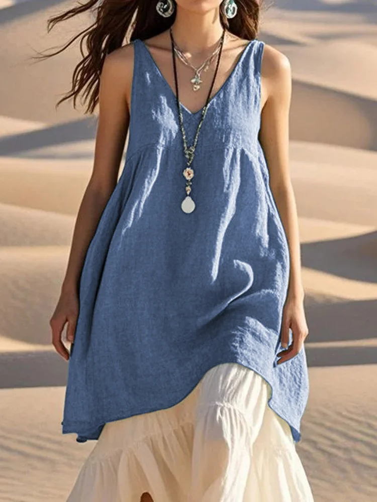 V Neck Sleeveless Plain Pullover Lightweight Loose Blouse For Women