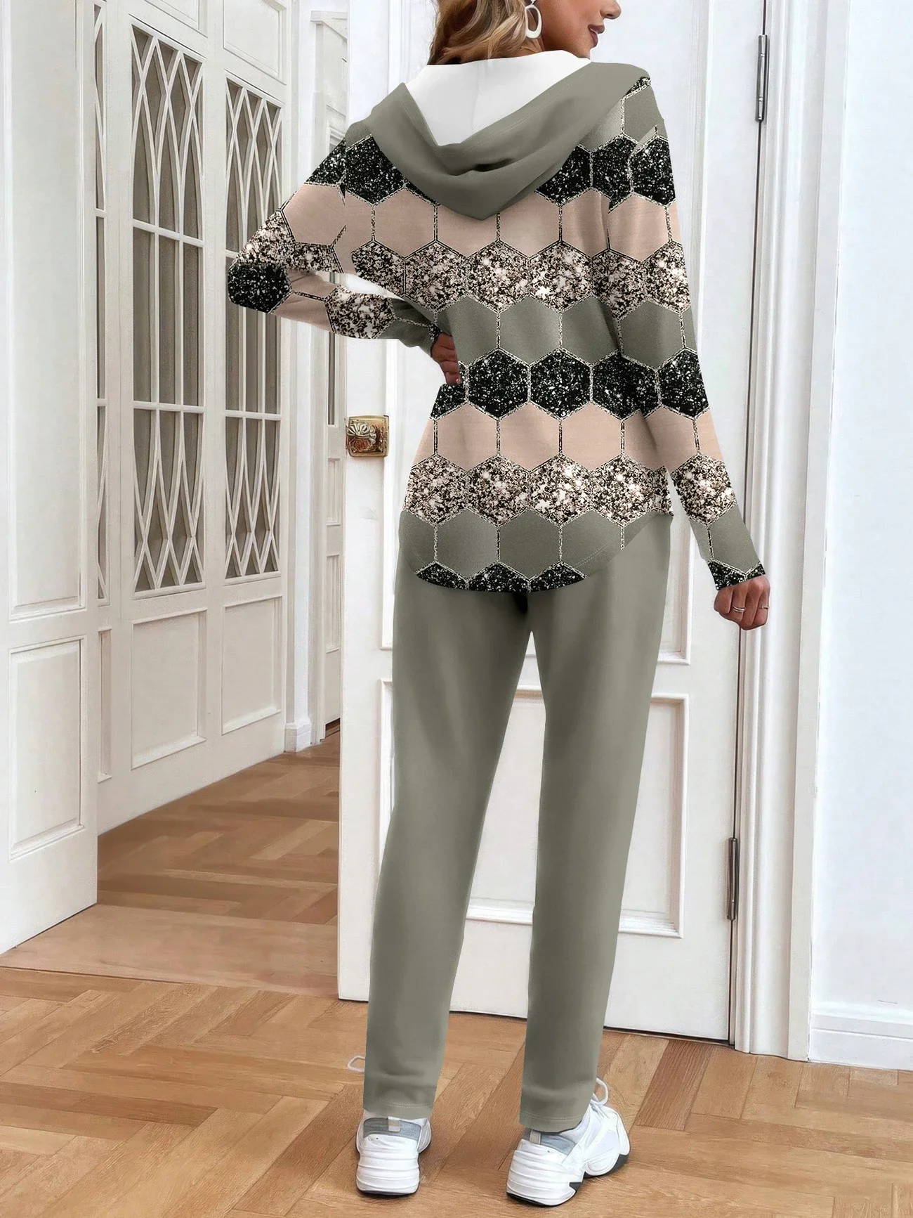 Women Abstract Printing Two-Piece Set Daily Long Sleeve Casual Spring/Fall Coat With Pants Matching Set