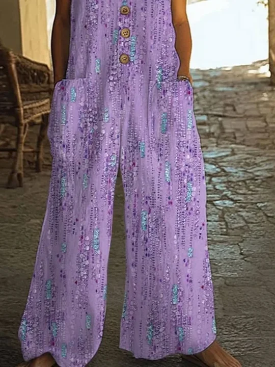 Women Abstract Crew Neck Sleeveless Casual Summer Jumpsuit
