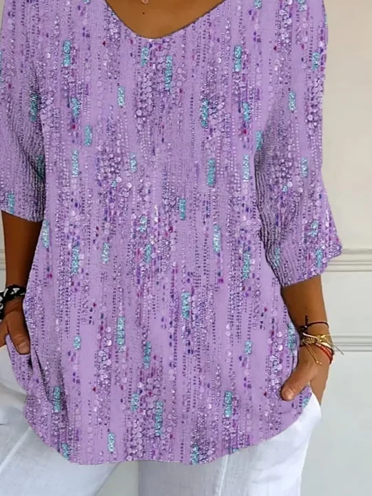 Casual Abstract V Neck Three Quarter Sleeve T-shirt