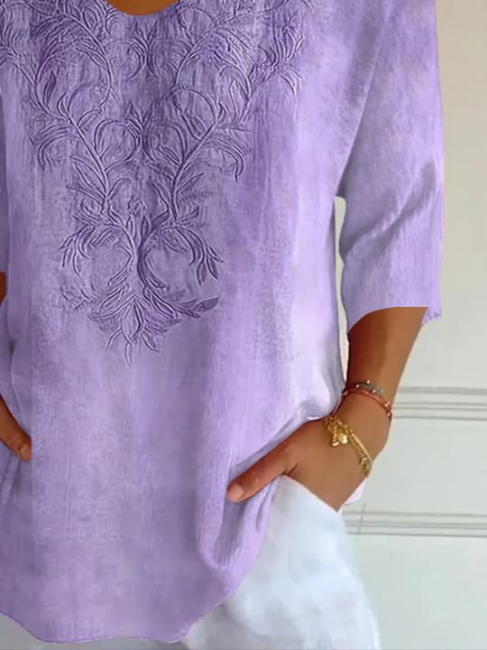 Casual Floral V Neck Three Quarter Sleeve T-shirt