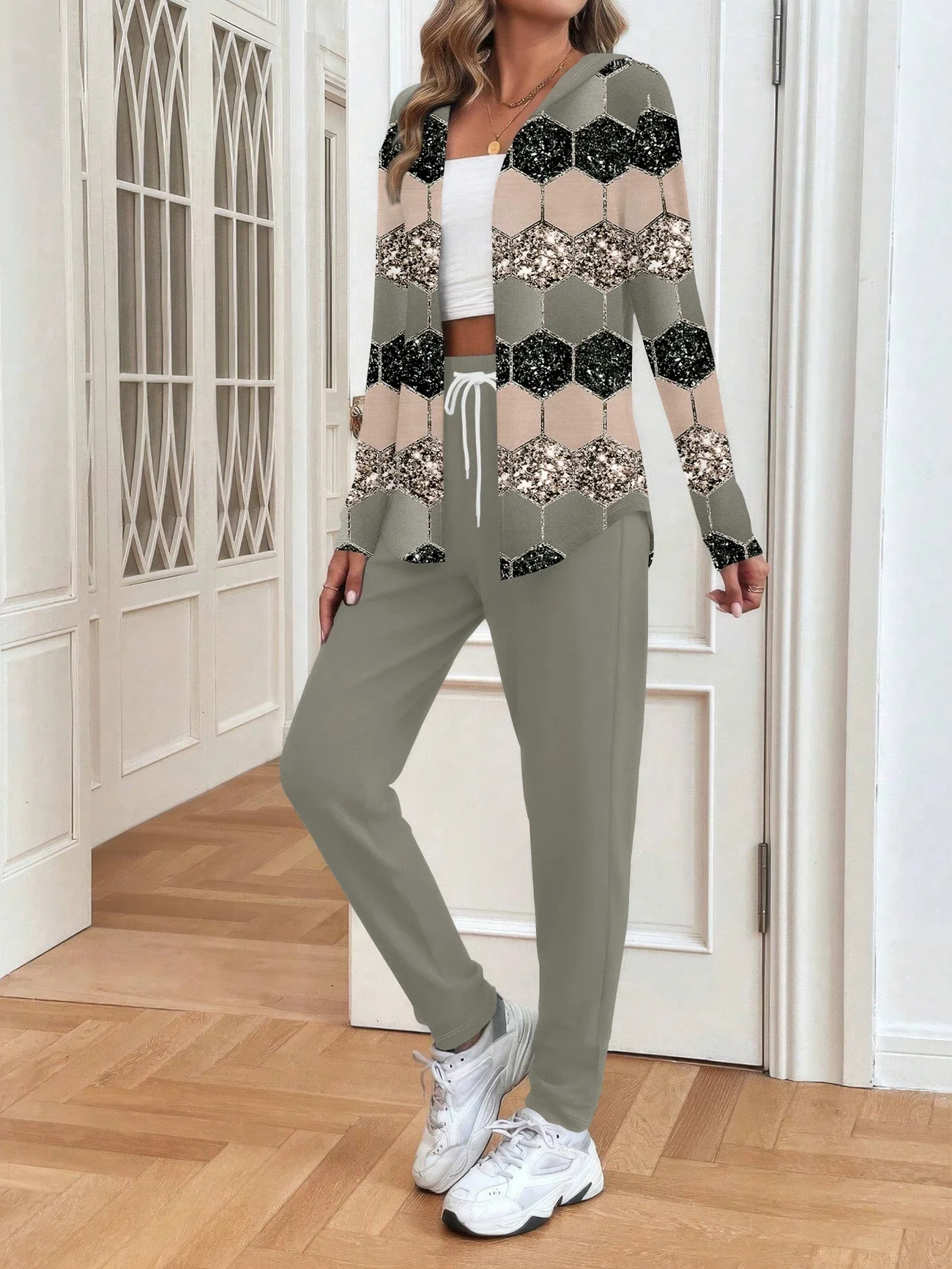 Women Abstract Printing Two-Piece Set Daily Long Sleeve Casual Spring/Fall Coat With Pants Matching Set