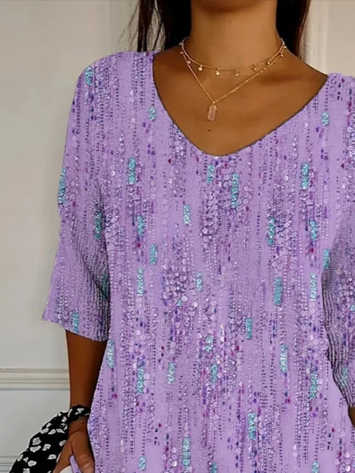 Casual Abstract V Neck Three Quarter Sleeve T-shirt