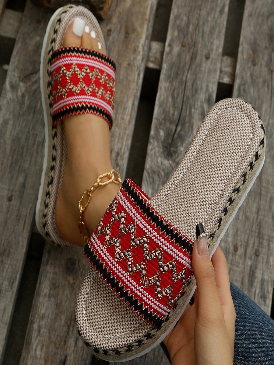 Vintage Geometric Breathable Slip On Flat Heel Slide Sandals Embroidery