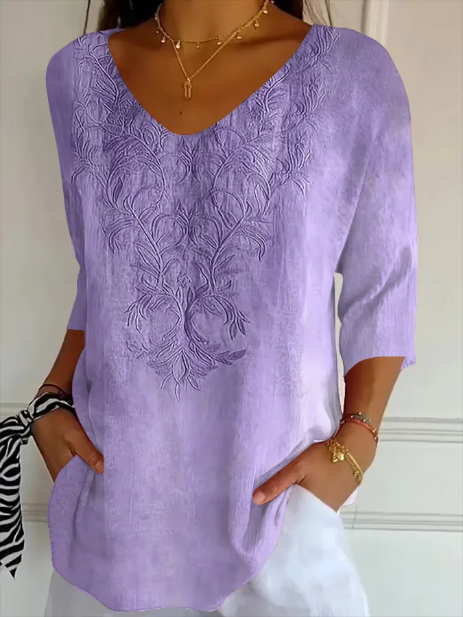 Casual Floral V Neck Three Quarter Sleeve T-shirt