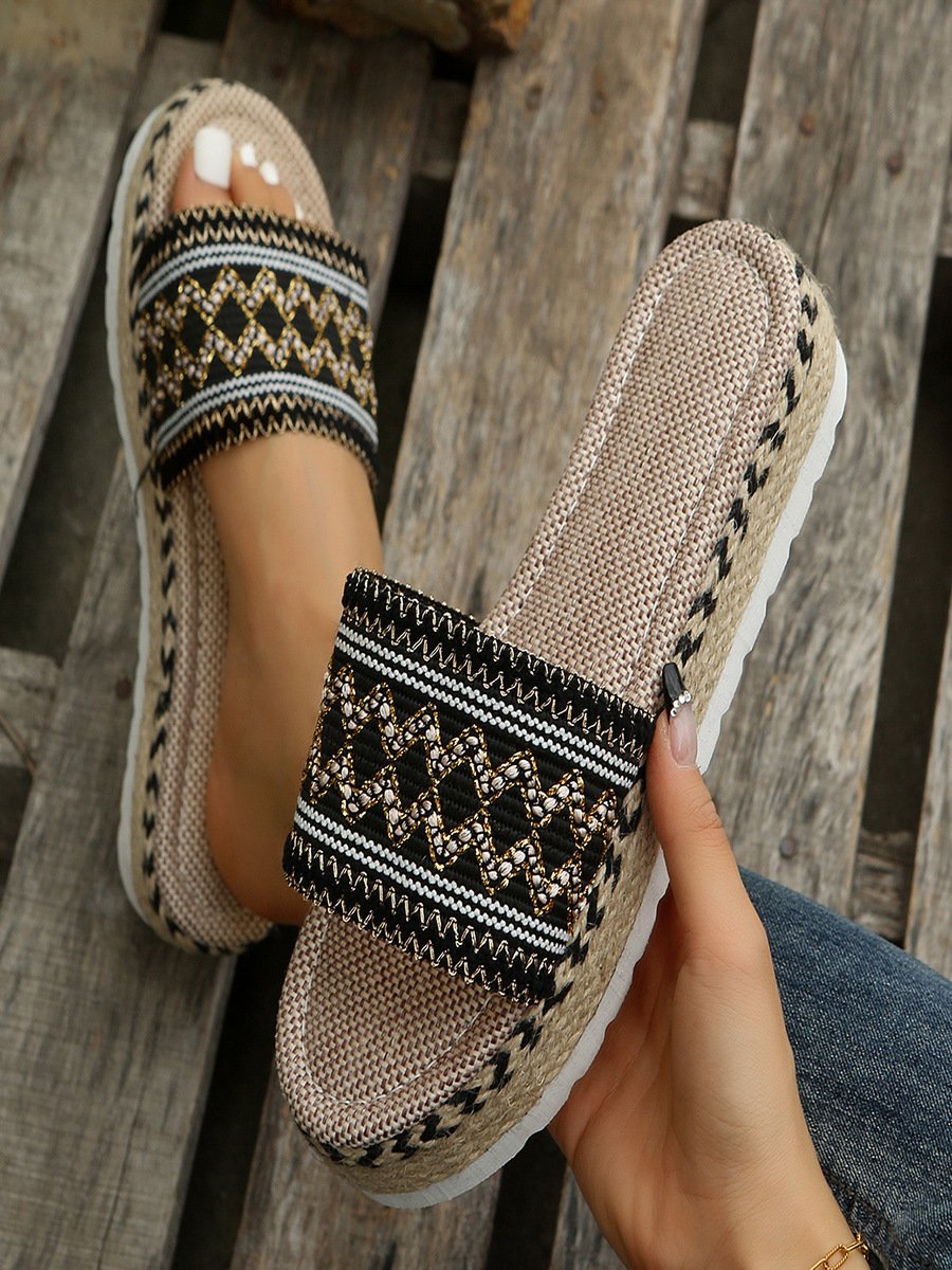 Vintage Geometric Breathable Slip On Flat Heel Slide Sandals Embroidery