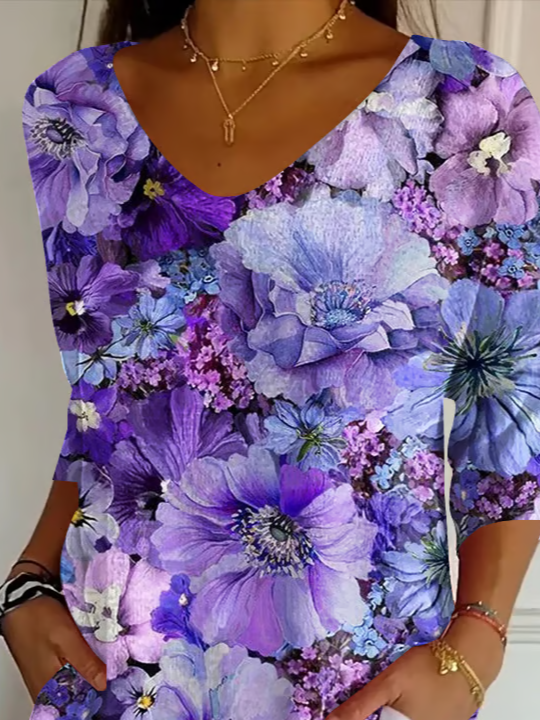 Casual Floral V Neck Three Quarter Sleeve T-shirt