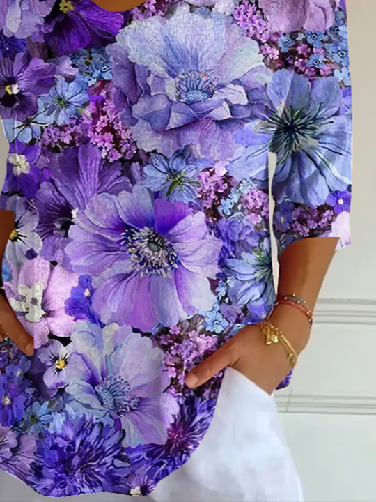 Casual Floral V Neck Three Quarter Sleeve T-shirt