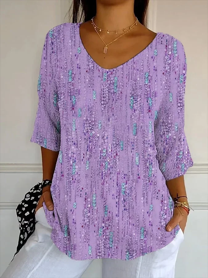 Casual Abstract V Neck Three Quarter Sleeve T-shirt