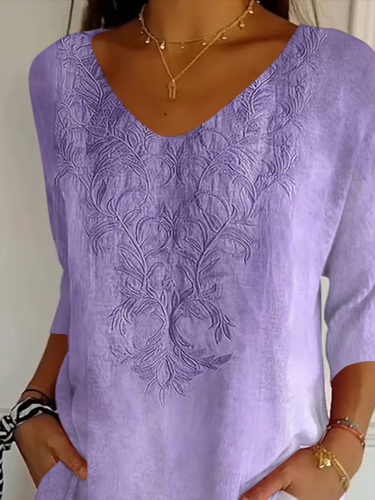 Casual Floral V Neck Three Quarter Sleeve T-shirt