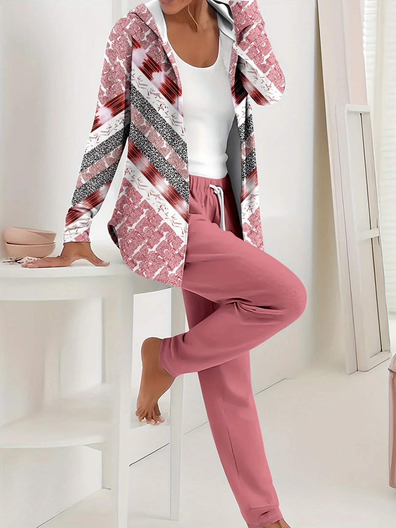Women Abstract Printing Two-Piece Set Daily Long Sleeve Casual Spring/Fall Coat With Pants Matching Set