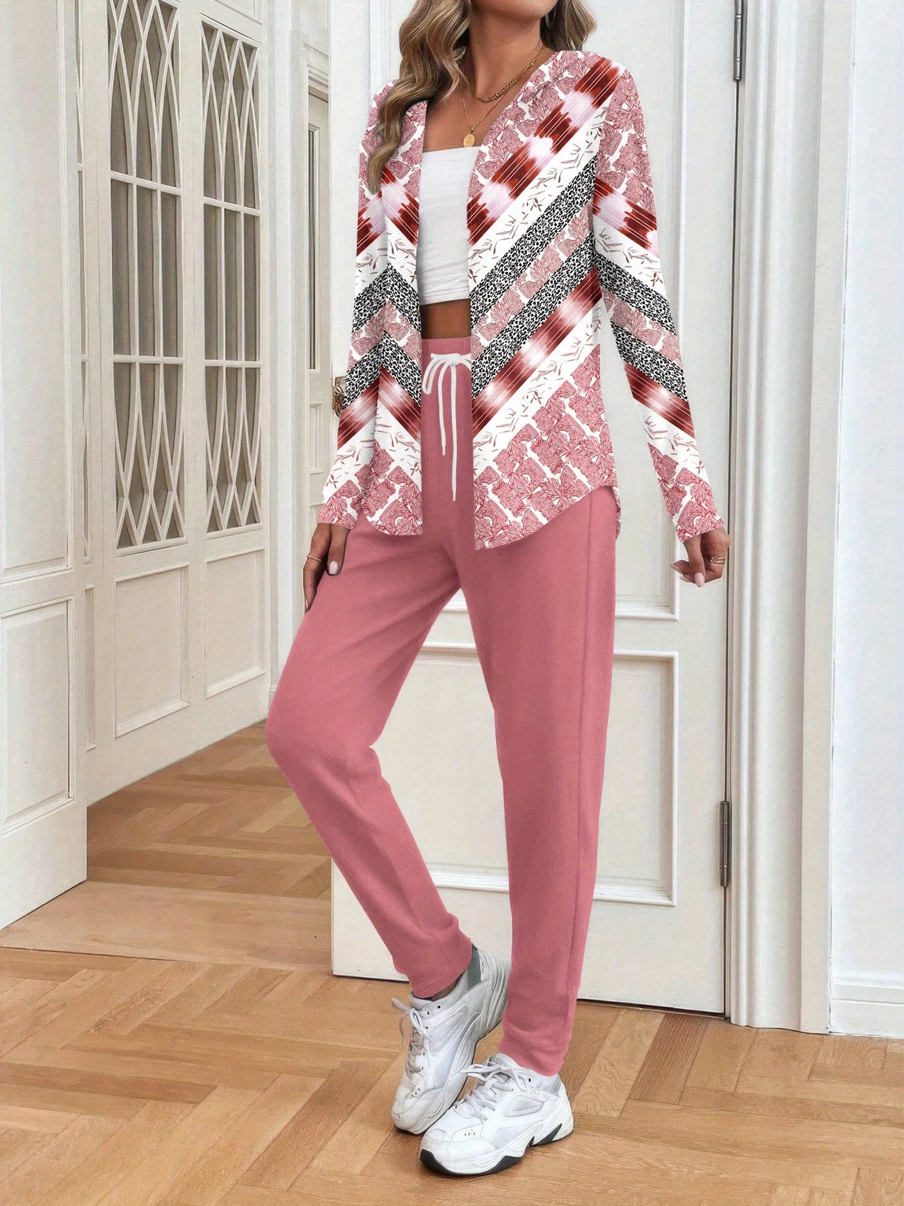 Women Abstract Printing Two-Piece Set Daily Long Sleeve Casual Spring/Fall Coat With Pants Matching Set