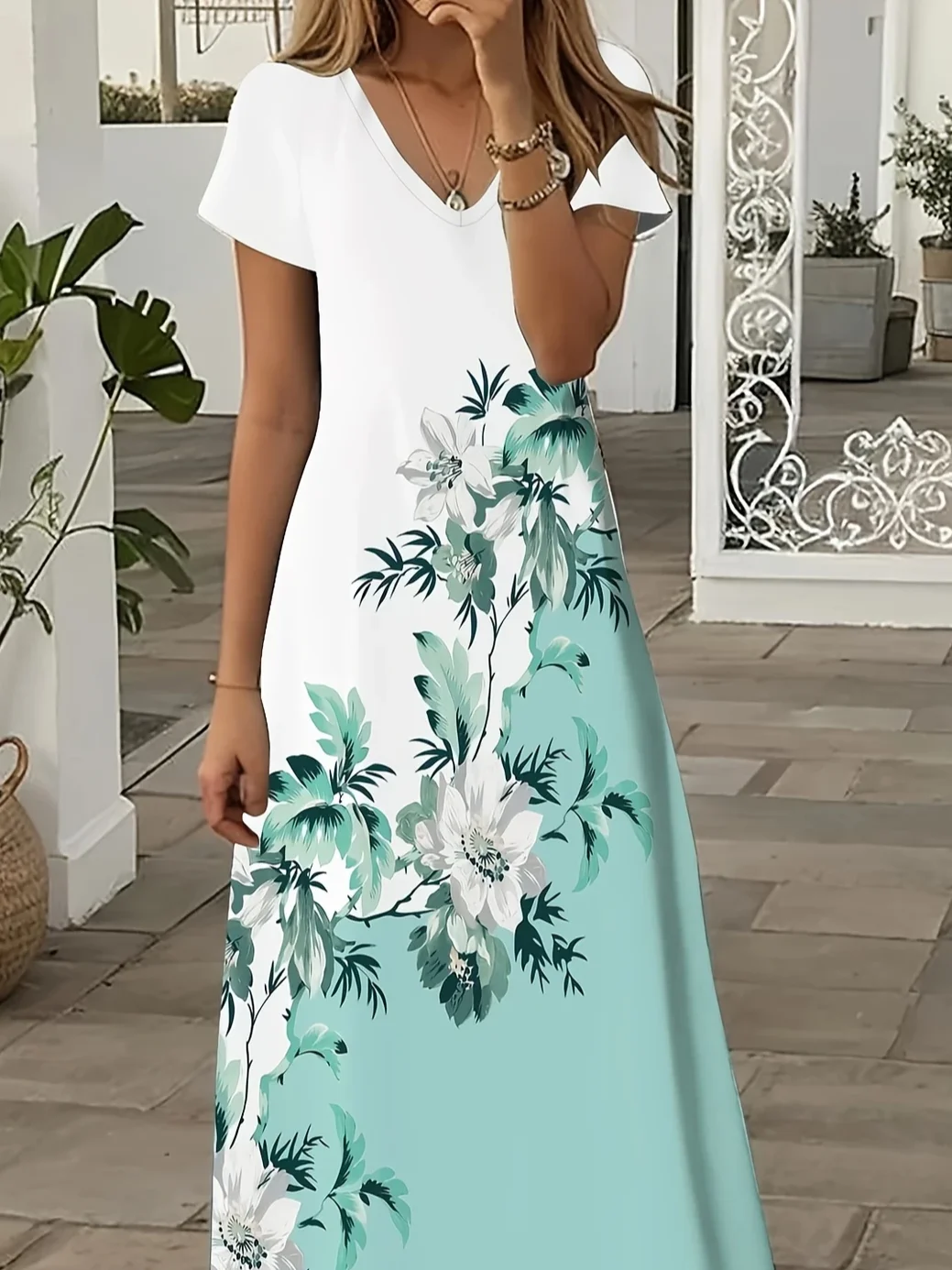 Women Floral Summer Printing Dress V Neck Short Sleeve X-Line Dress