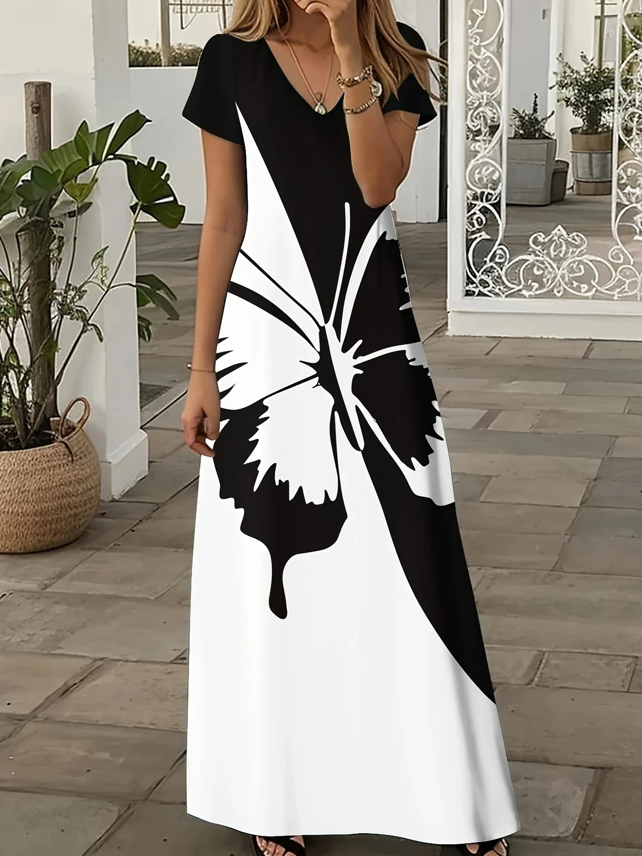 Women Butterfly Summer Printing Dress V Neck Short Sleeve X-Line Dress