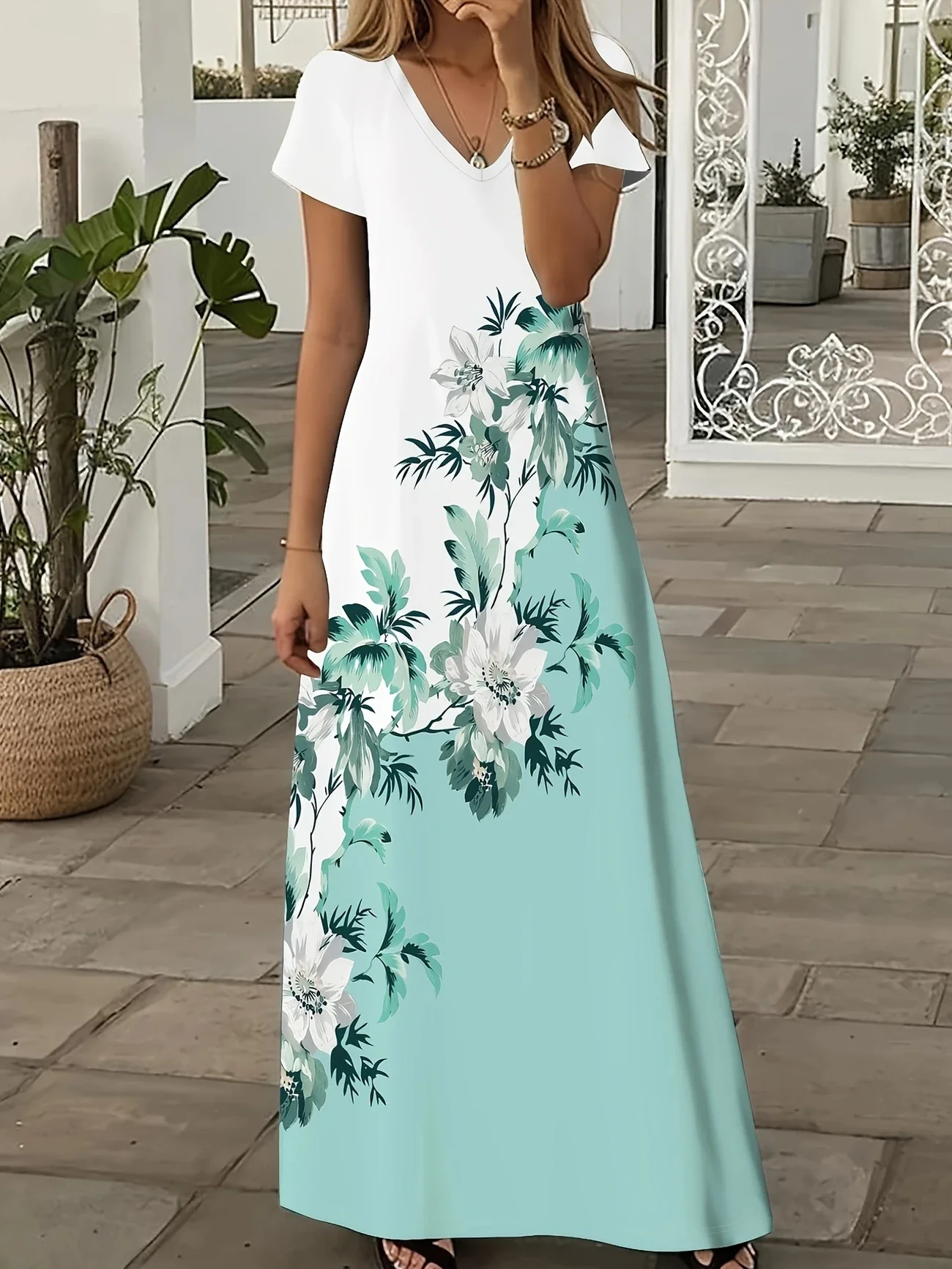 Women Floral Summer Printing Dress V Neck Short Sleeve X-Line Dress