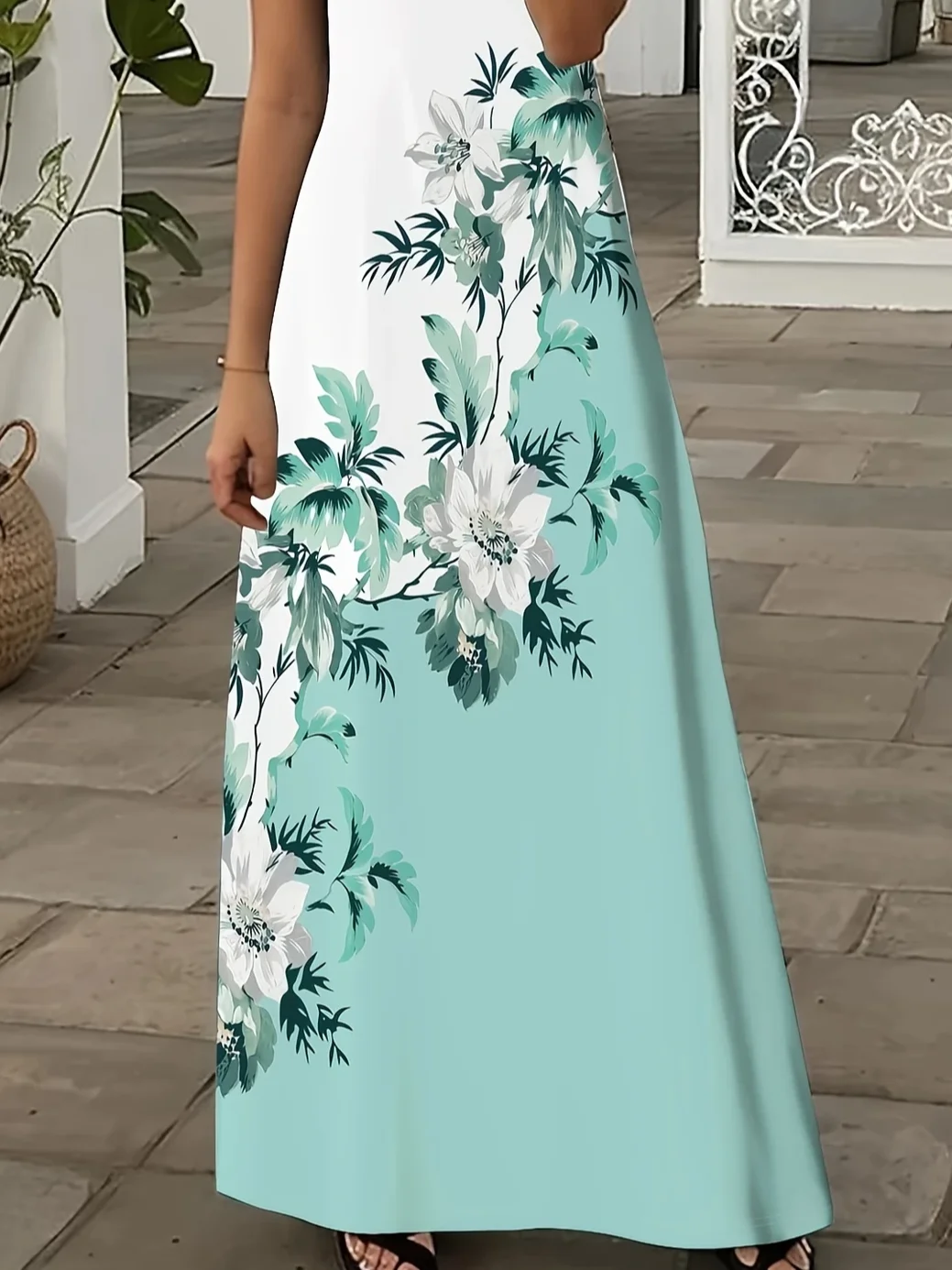 Women Floral Summer Printing Dress V Neck Short Sleeve X-Line Dress