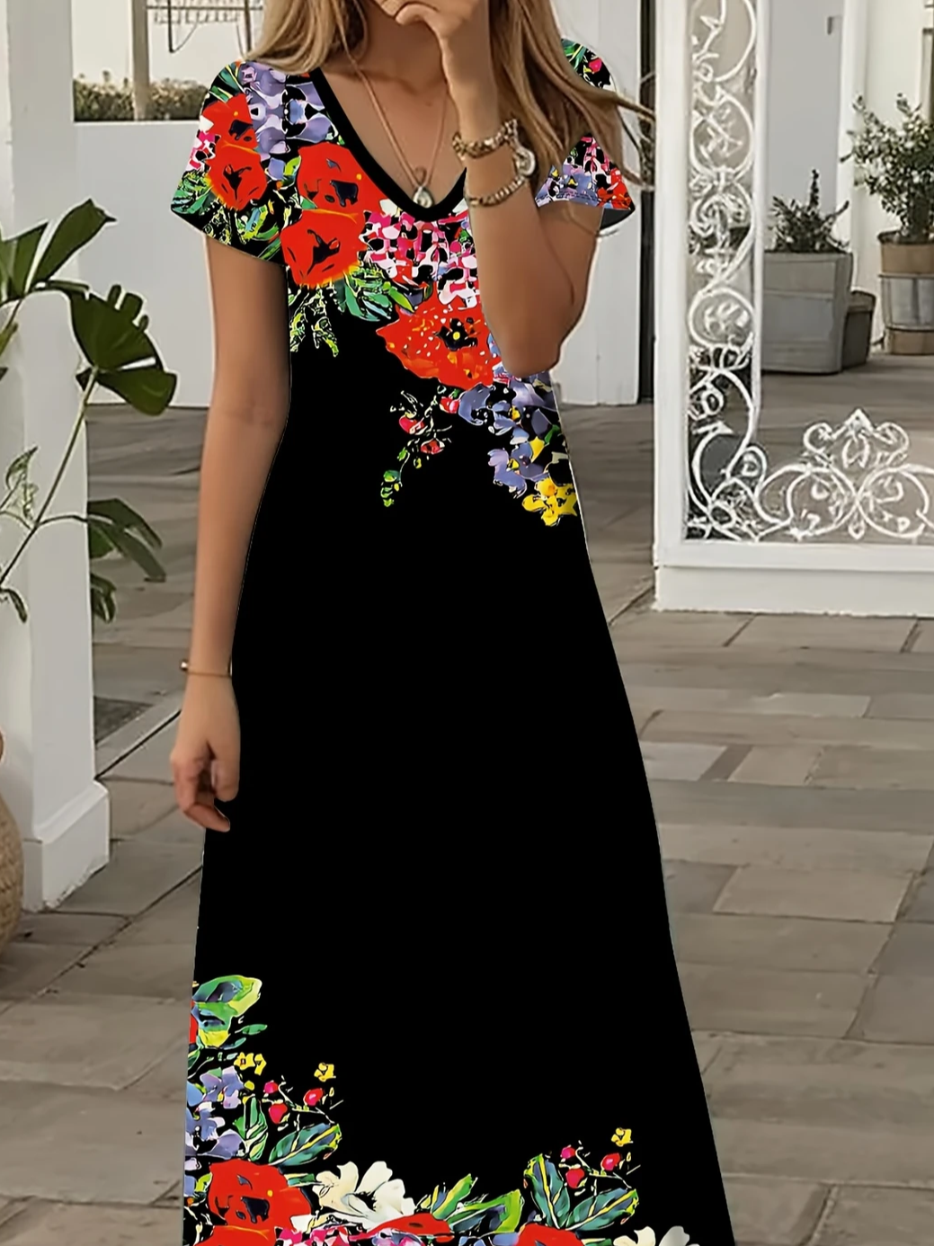 Women Floral Summer Printing Dress V Neck Short Sleeve X-Line Dress