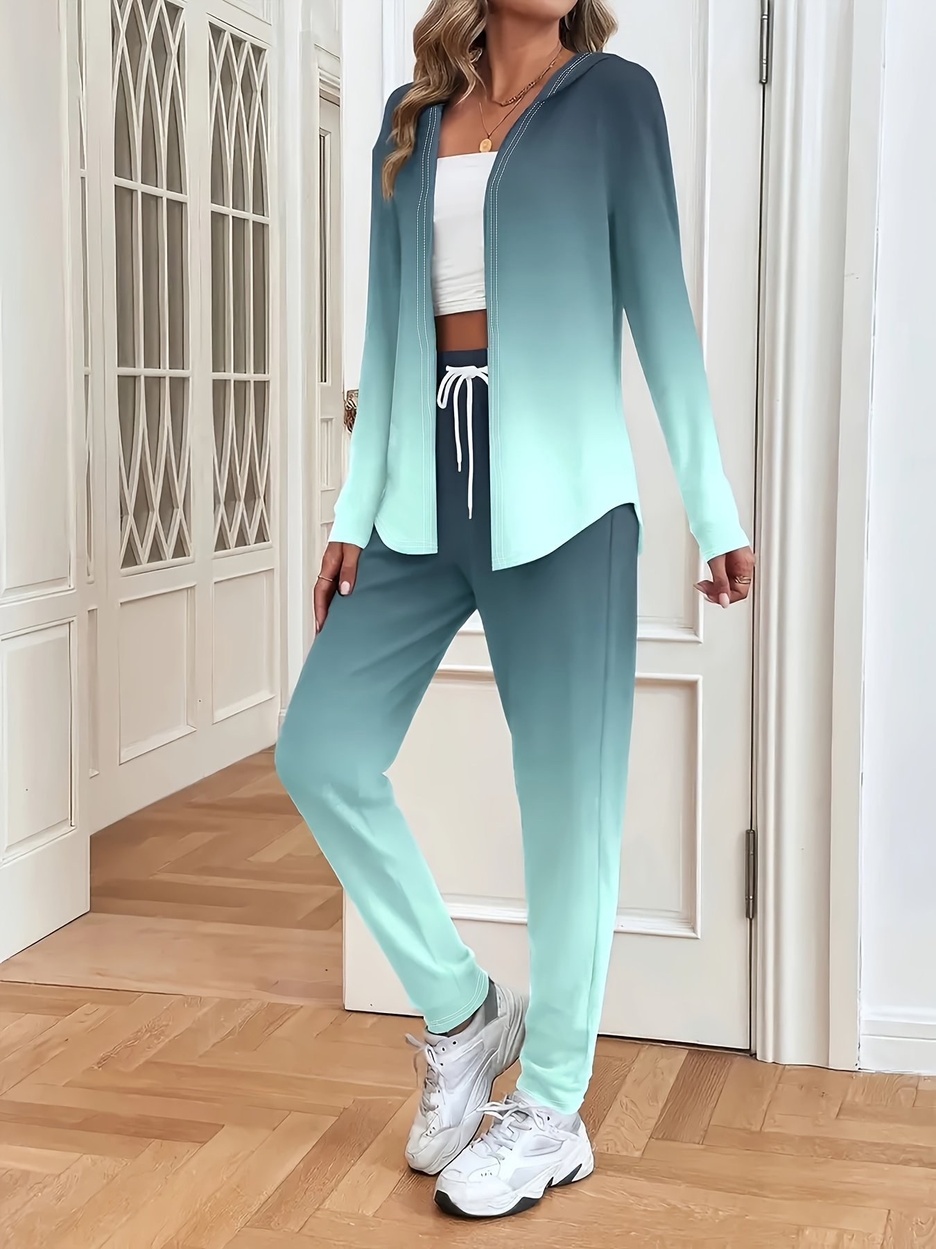 Women Ombre Two-Piece Set Daily Long Sleeve Casual Spring/Fall Coat With Pants Matching Set