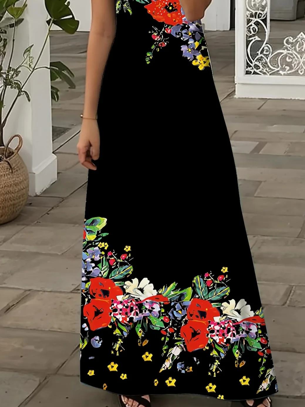 Women Floral Summer Printing Dress V Neck Short Sleeve X-Line Dress