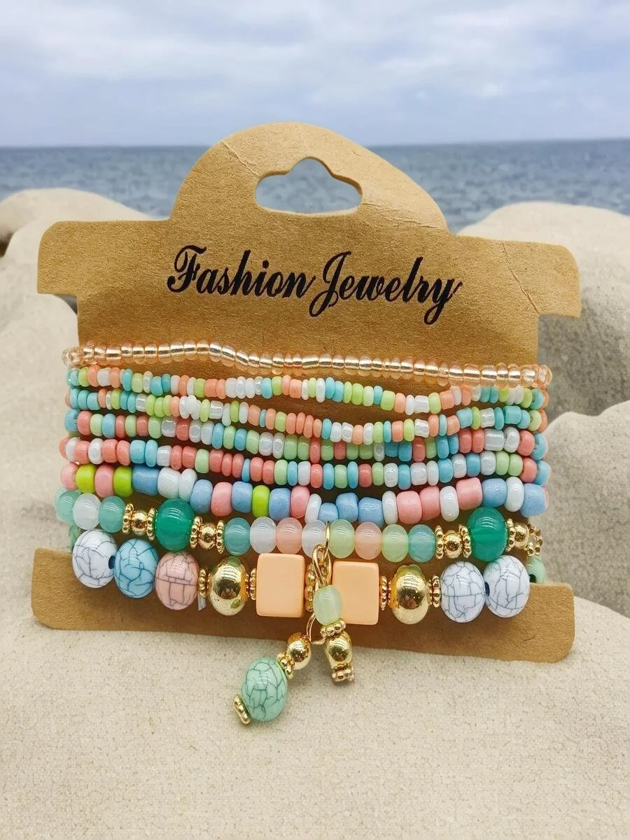 Handmade Bohemian Women's Millet Bead Bracelets, Romantic Element Bracelet Set 8 Pieces/set Bracelet