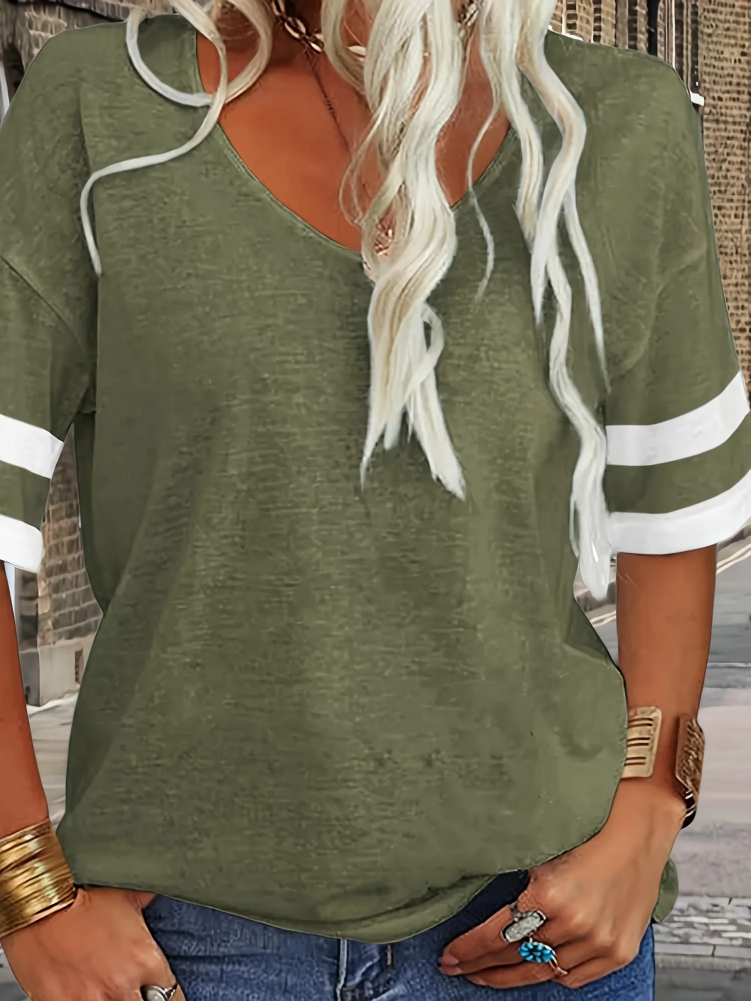 Casual Striped V Neck Short Sleeve T-shirt