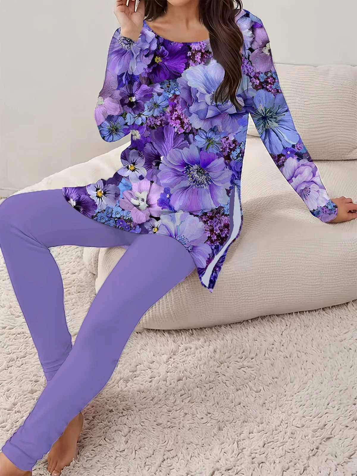 Women Floral Printing Two-Piece Set Daily Long Sleeve Casual Spring/Fall Top With Pants Matching Set